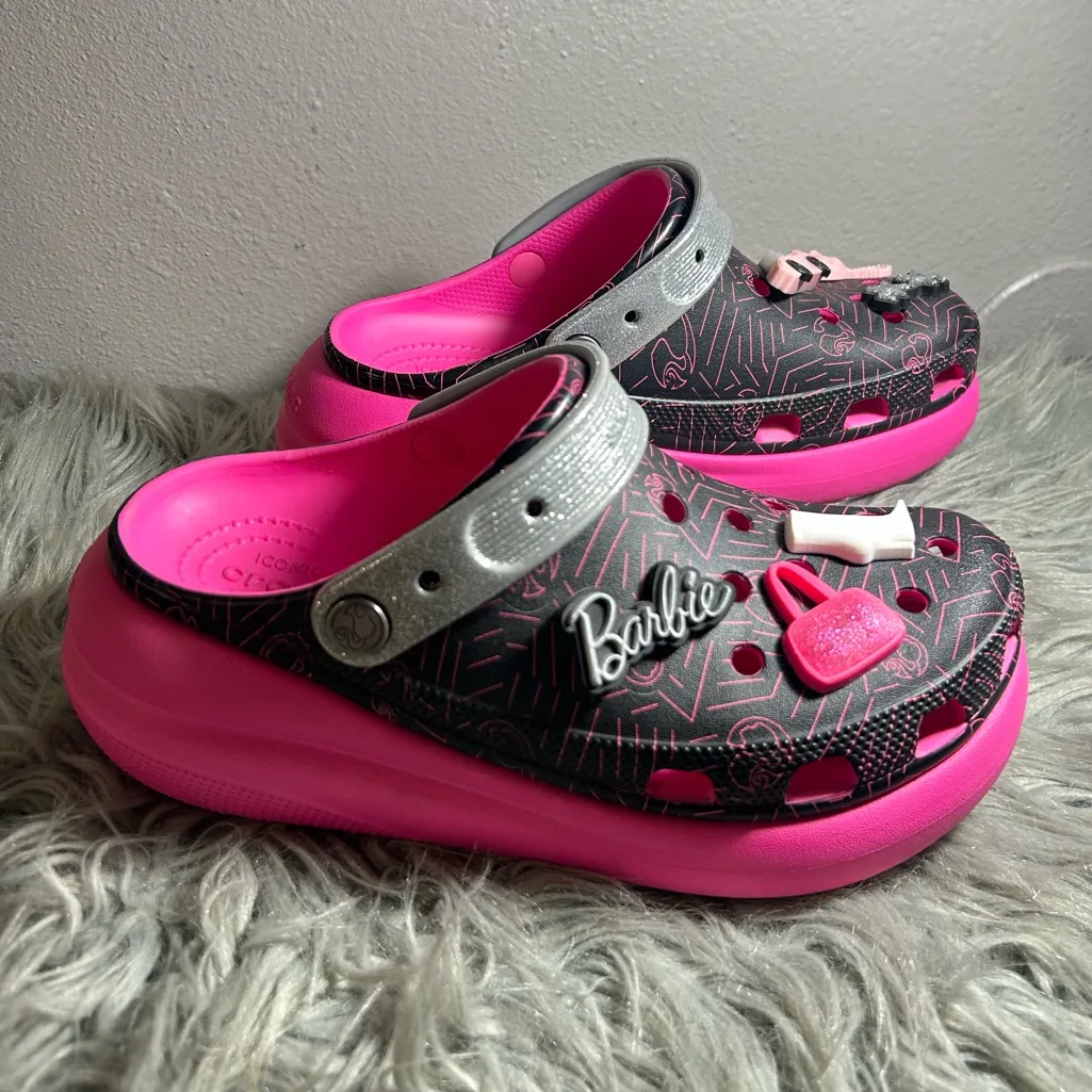 Crocs Barbie Limited Edition Classic Crush Clogs Pink Silver Clogs Charms Size 9 - Image 8