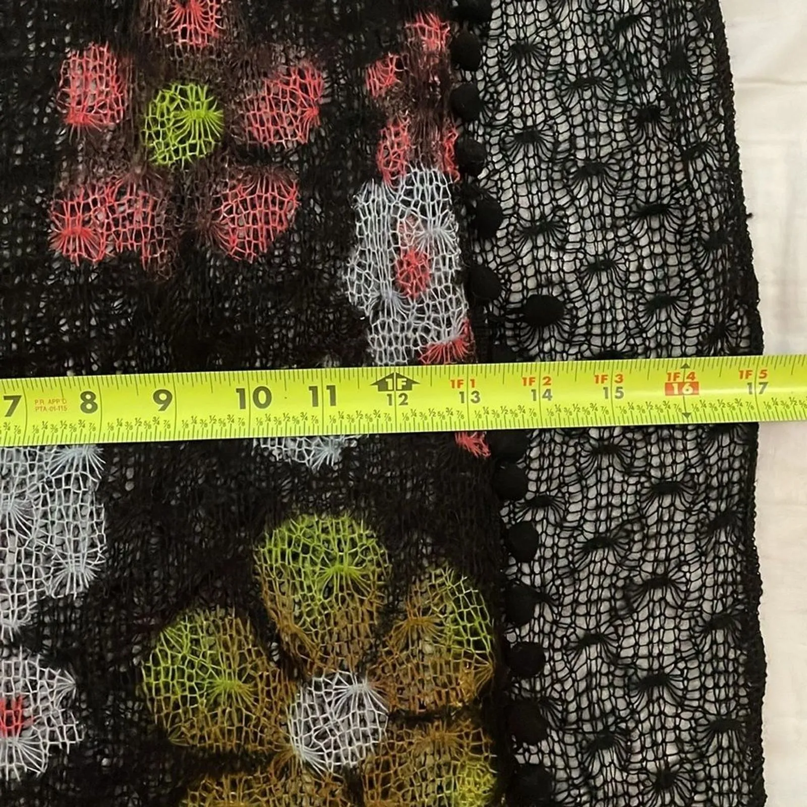 Black Floral Knit Boho Scarf Wrap 17x66 Open Weave Pom Trim - Image 6