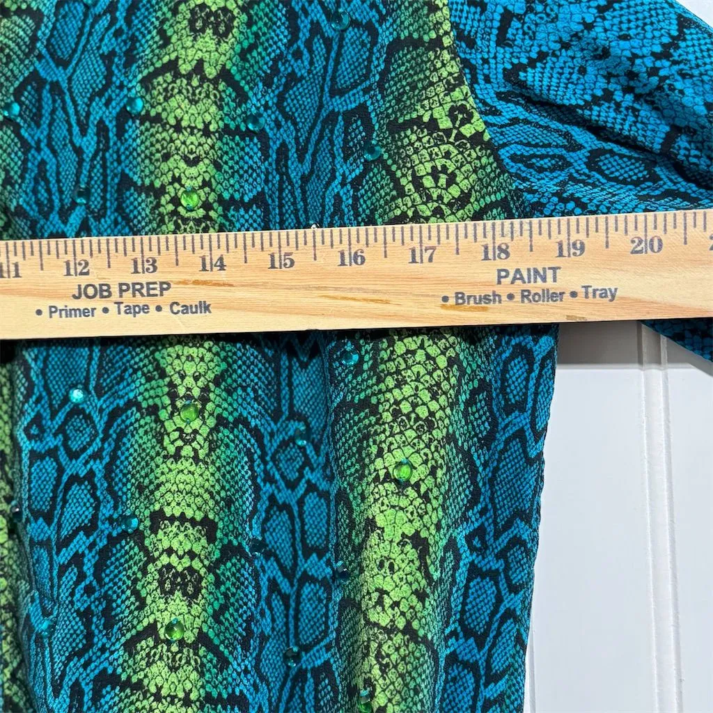 Diane Gilman Silk Snakeskin Shirt S Blue Green Sequin Mob Wife Y2K Button Up Top - Image 4