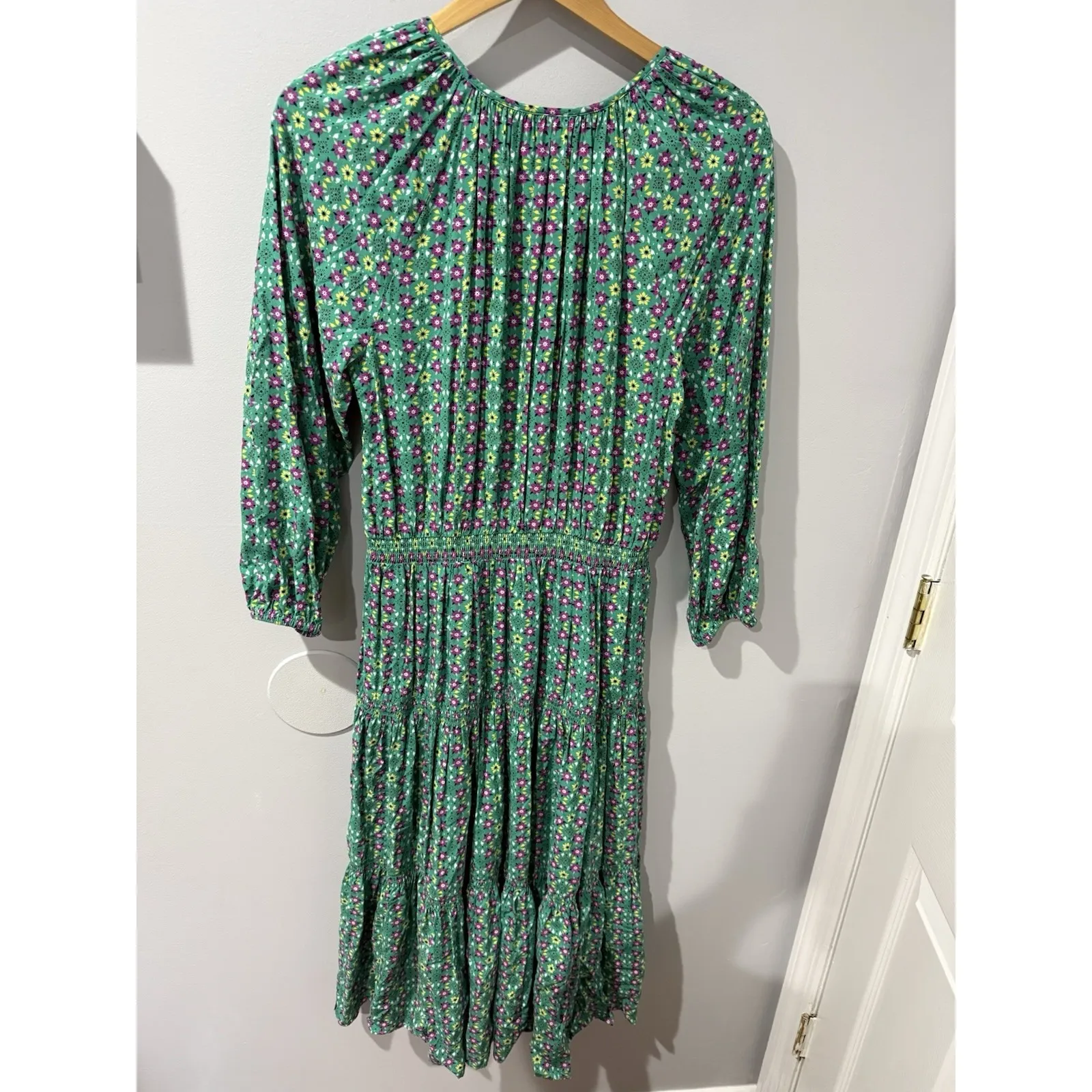 Matilda Jane Prairie Age Of Aquarius Green Floral Smocked Tiered Boho Dress Sz L - Image 5