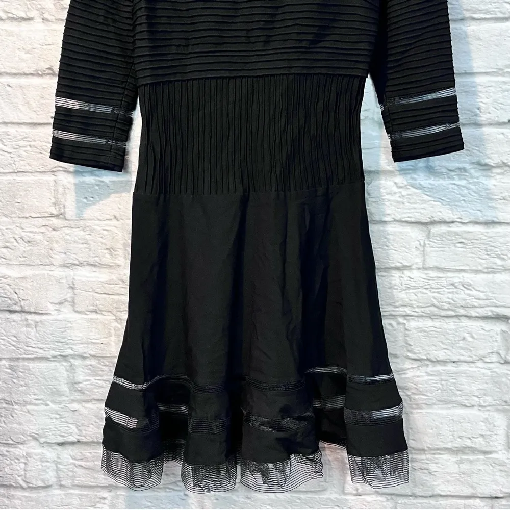 NWT Tadashi Shoji Small Black Fitted Mid-Length 3/4 Sleeve Mesh Stripe Dress - Image 4