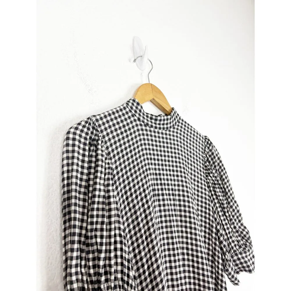 Ganni Gingham Mini Dress Size 36 Black White Crepe Puff Sleeve Lightweight - Image 6