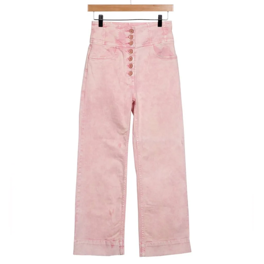Ulla Johnson Ellis Pink Acid Wash High Waist Button Wide Leg Jeans Boho Size 0 - Image 3