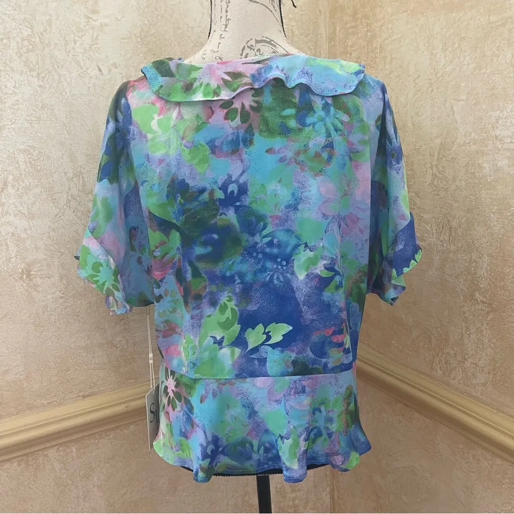 Sunny Leigh Floral Colorful Ruffled Blouse Top with Basque Teal Sz Large - Image 5