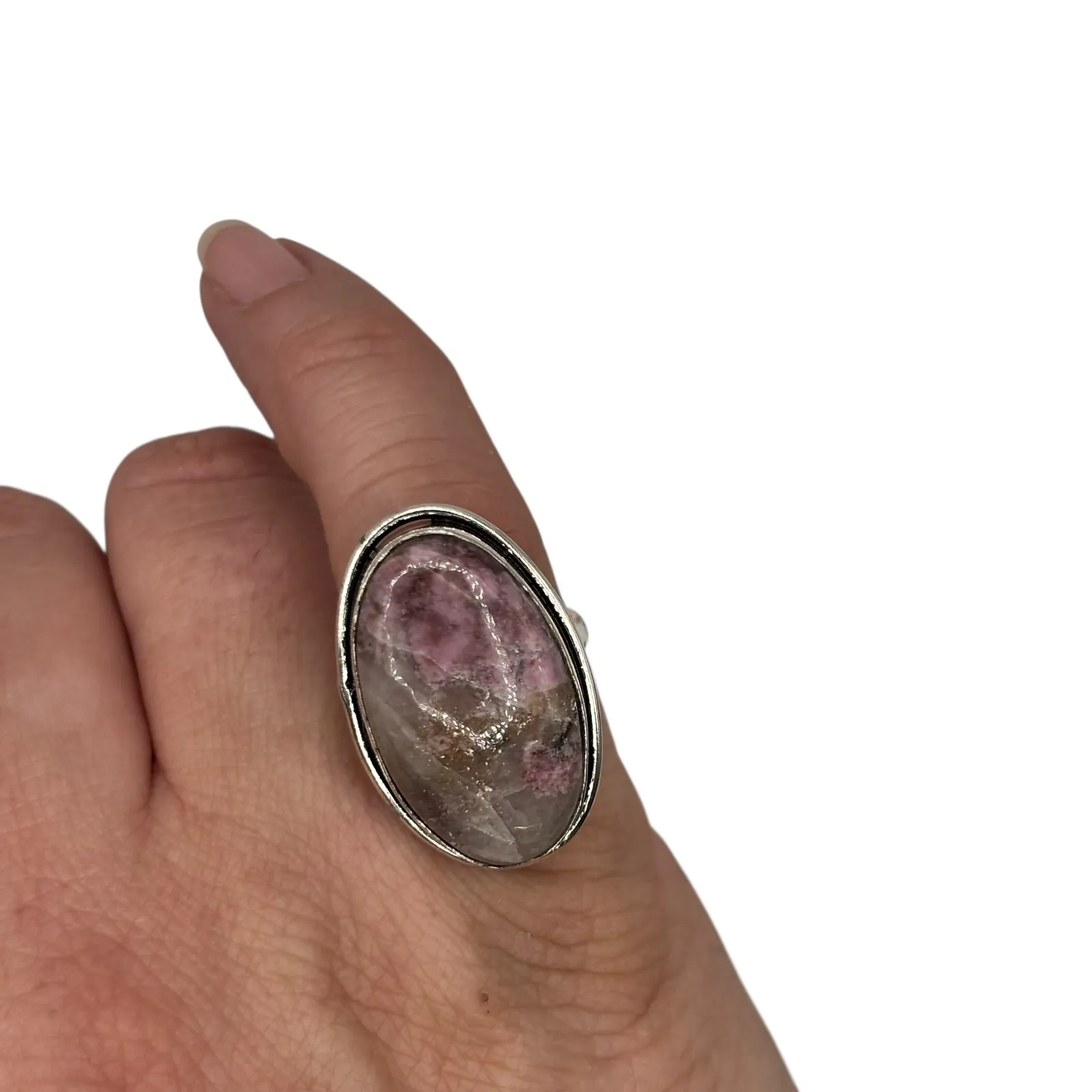 Oval Pink Stone Sterling Silver Ring 925 Boho Statement Gemstone Size 7.5 - Image 2