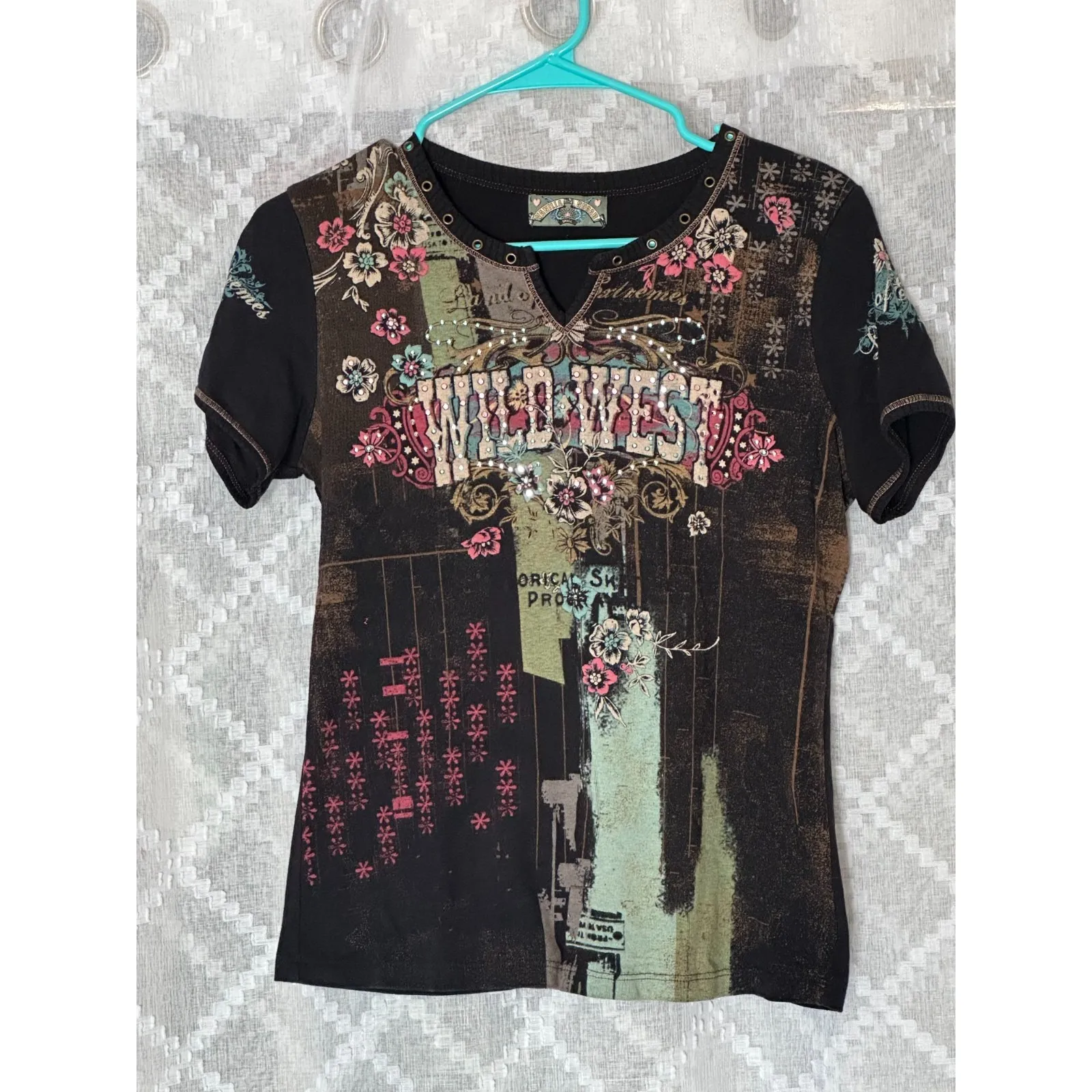 Y2K Vanilla Sugar Wild West Floral Cross Rhinestone Tee Cowgirl Top Black - Image 5