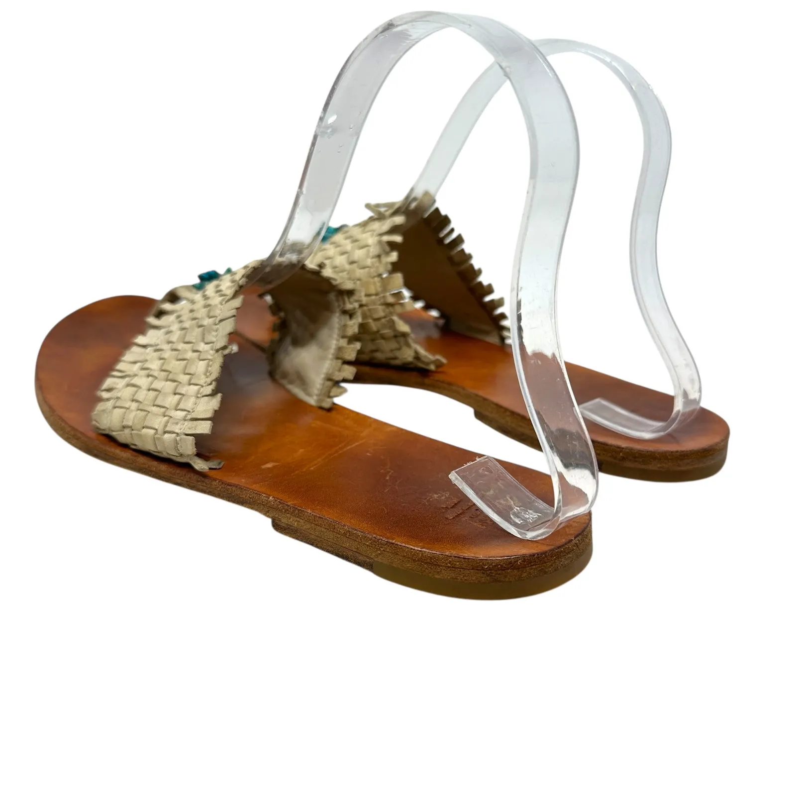 Henry Cuir Slide Sandals‎ Leather Woven Rattan Beaded Tan Brown Size 38 US 8 - Image 8