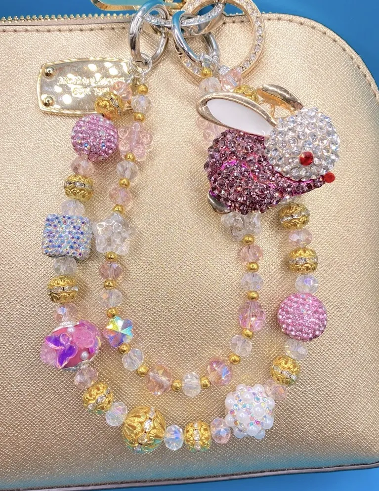 🐰Luxury Bag/Phone Chain Charm/Keychain Sparkly Bling Beads Rhinestone Pink Bunny - Image 1