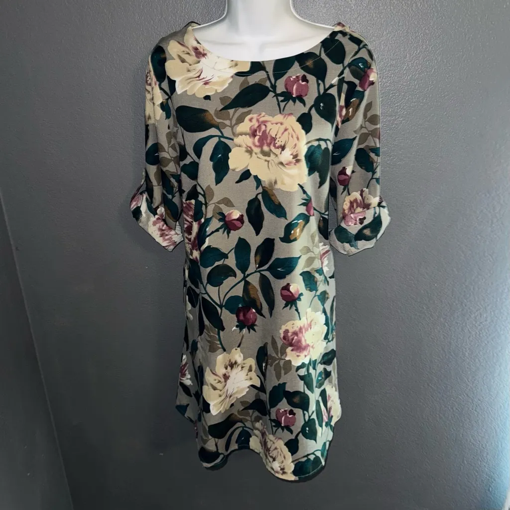 Women’s New Floral Boutique Shift Short Sleeve Beige Brown Sundress Dress Large Green - Image 4