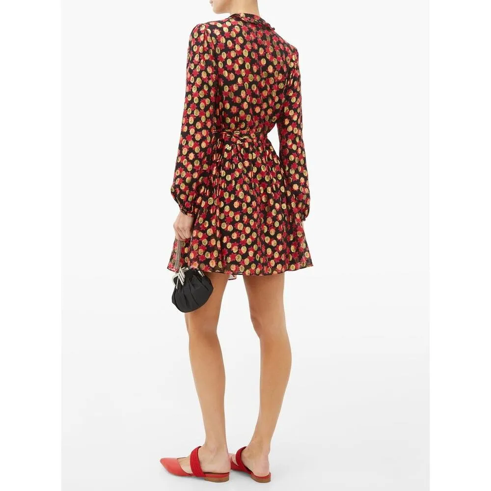 Saloni Red Gold Silk Tilly Floral Print Polka Dot Mini Dress Size 4 - Image 2