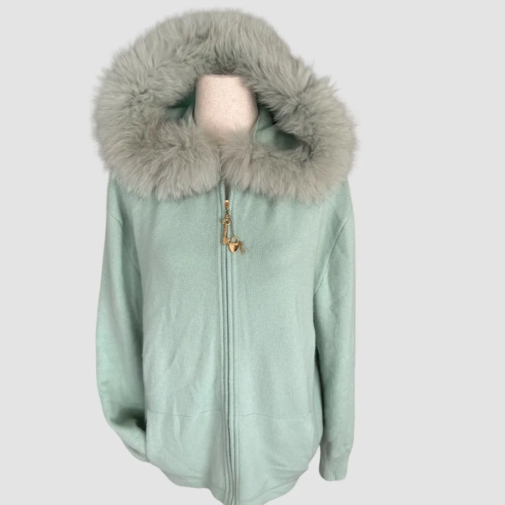 St.John Vintage/Rare Mint Green Cashmere Hooded Cardigan With Fox Fur Trim sz L - Image 2