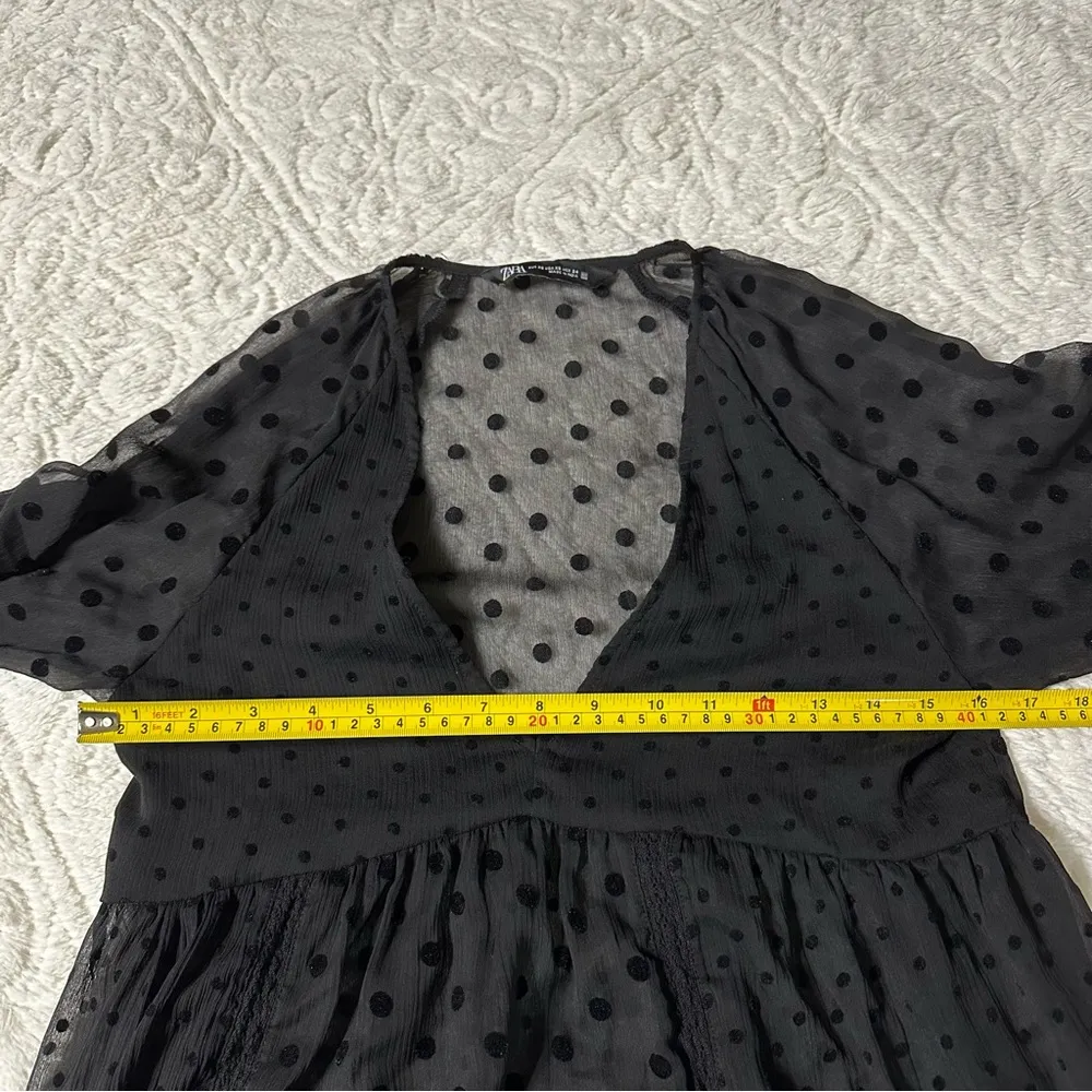 ZARA Black Sheer Velvet Polka Dot V Neck Plunge Bell Sleeve Blouse Swiss Dot Top - Image 3