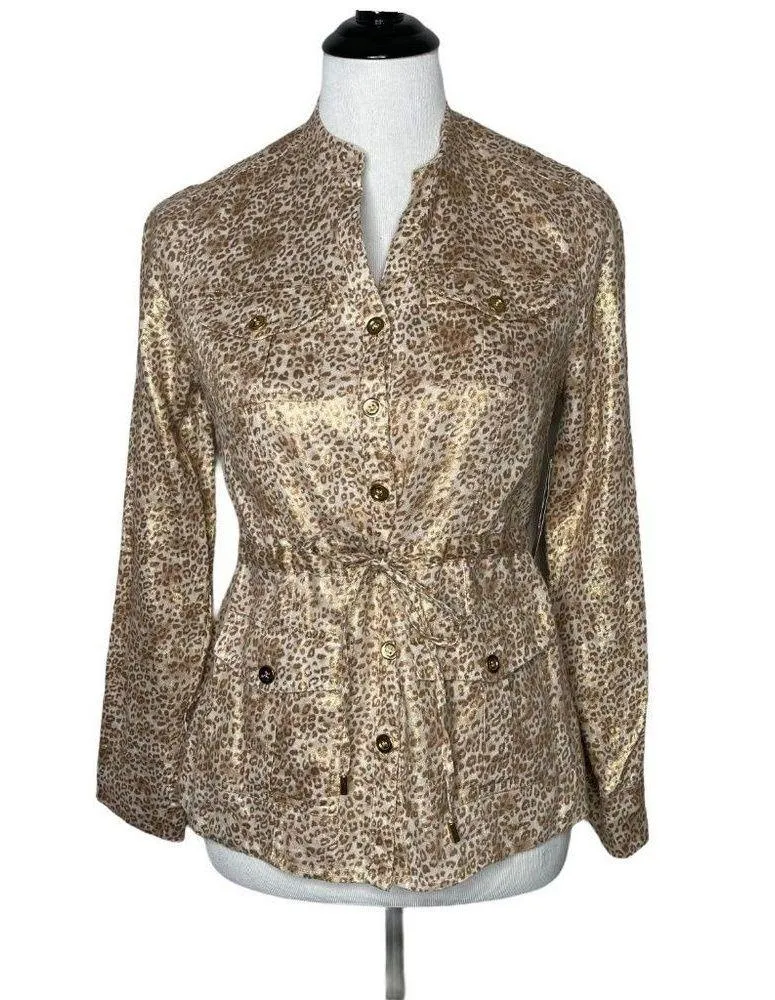 Charter Club Leopard Print Jacket Size S P Metallic Gold 100% Linen Top NEW - Image 1