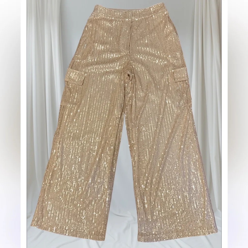 Elegant cream sequined cargo pants size M Size M - Image 2