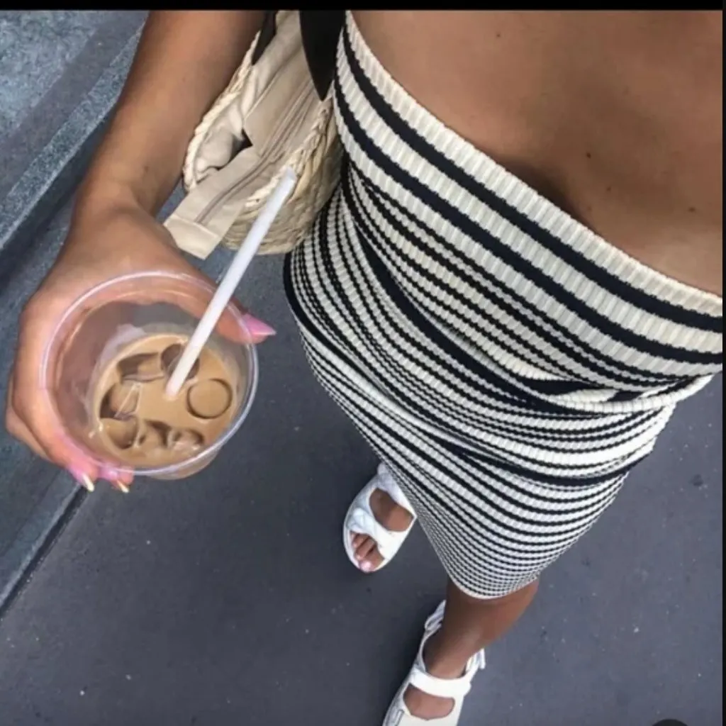 Zara Black and Cream Striped Strapless Rib Stretch Knit Bodycon Maxi Dress L NWT - Image 3