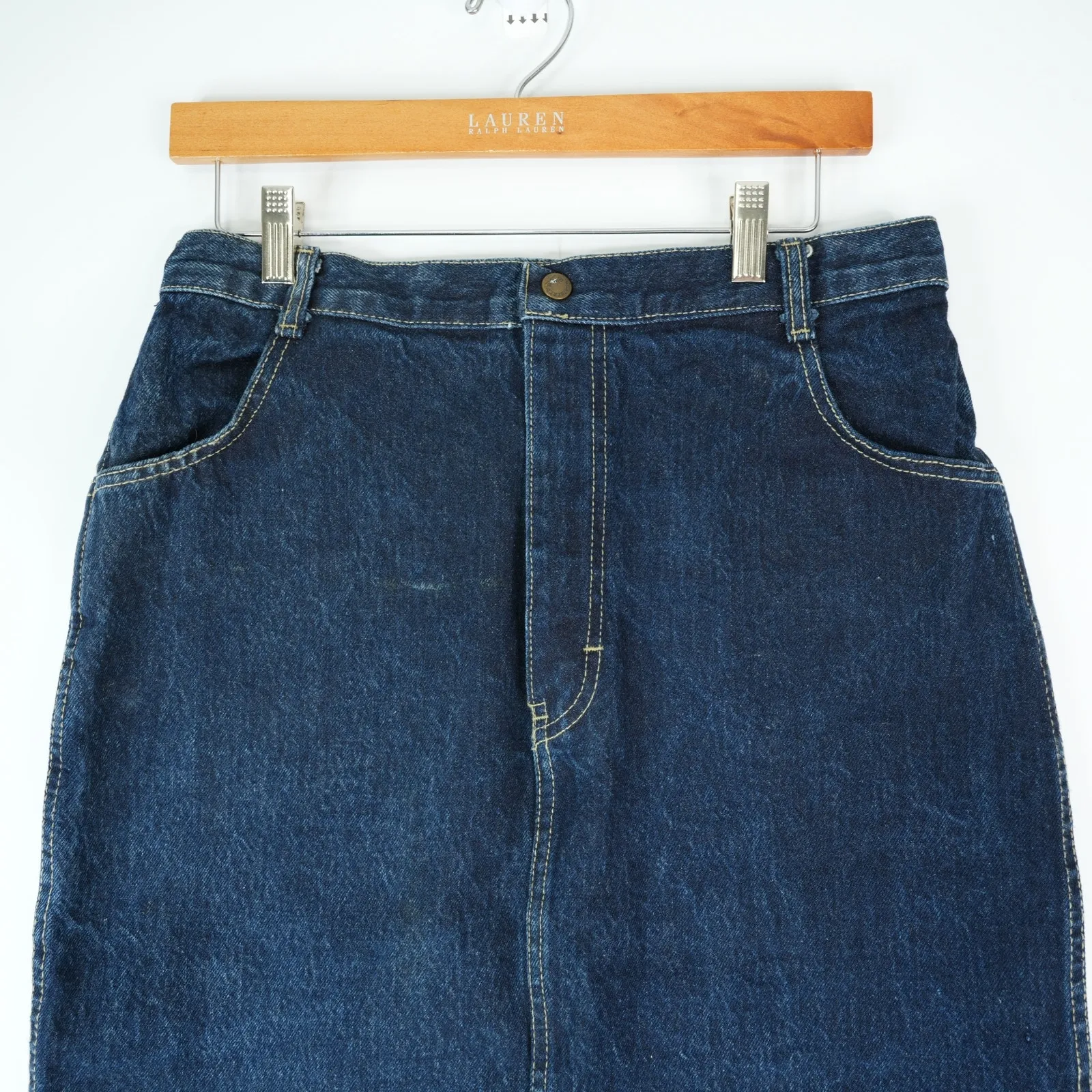 Vtg Weathered Blue Denim Jean Skirt Womens 13/14 30W Midi Tulip Back Slit USA - Image 3