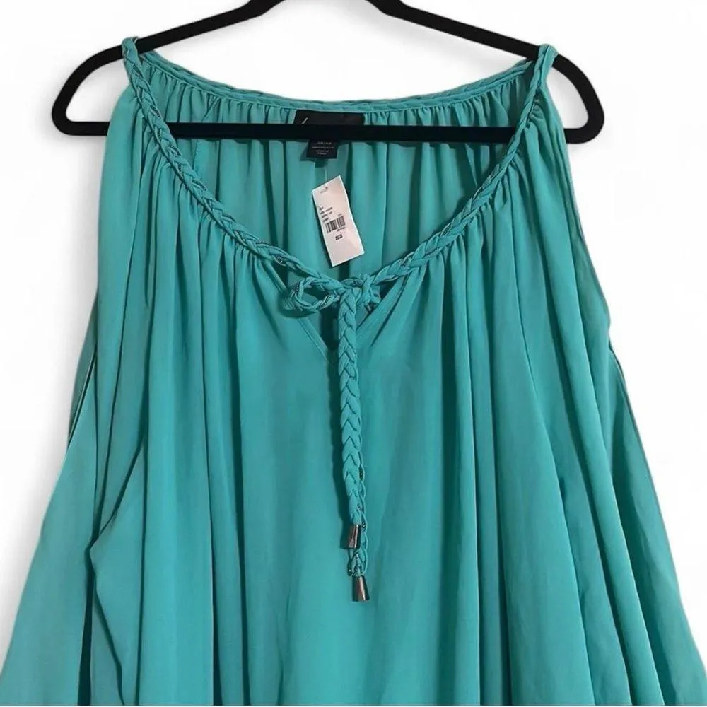 Lane Bryant Top Sz26/28 Teal Cold Shoulder Rope Detail & Tie Front Peplum Blouse - Image 6