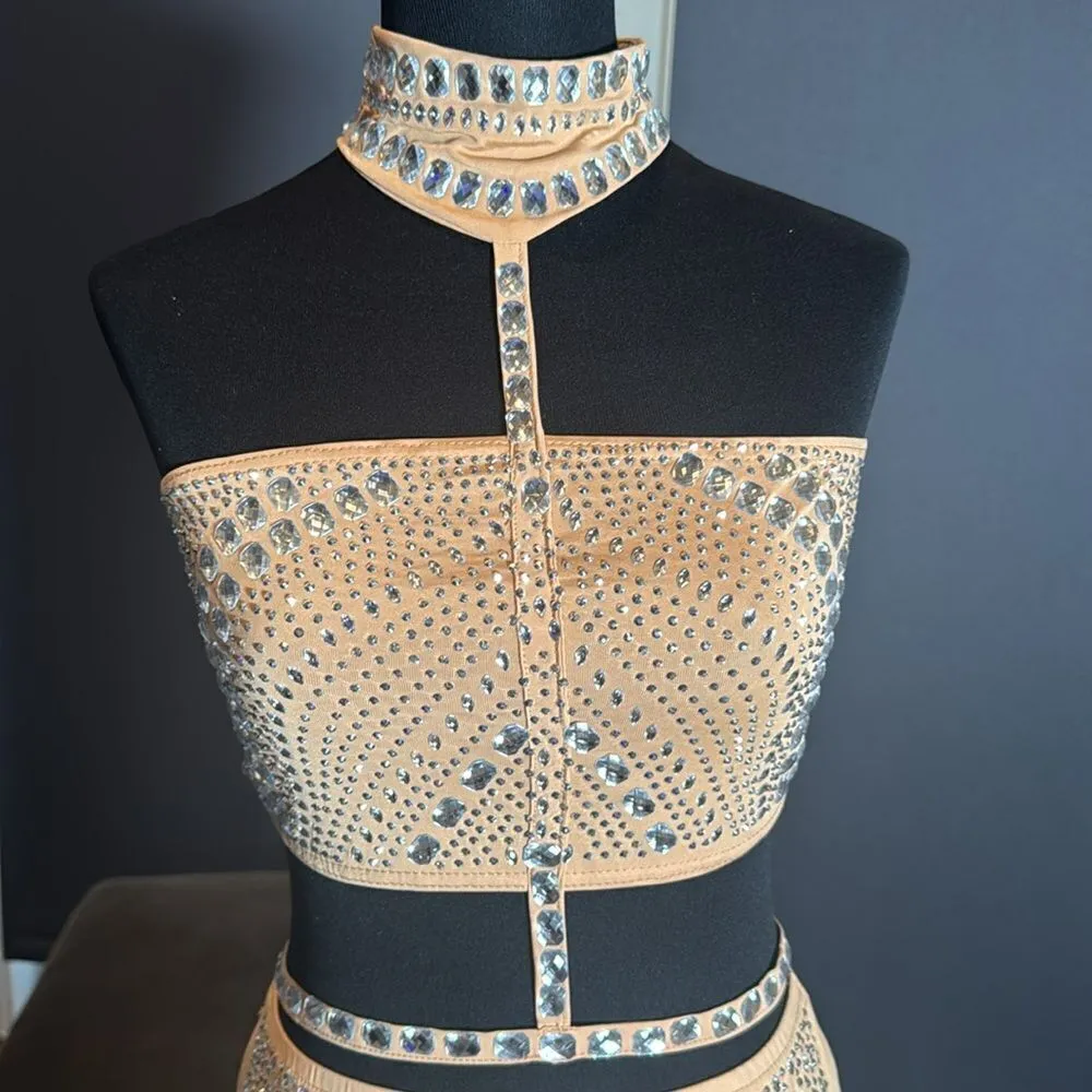 Sexy BodyCon Party 2 Piece Set Outfit Rhinestone Skirt & Halter Top Size M Tan Size M - Image 2