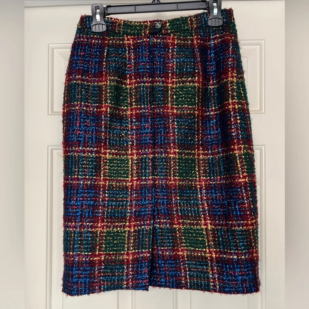 Vintage Terry Made in France‎ Plaid With Metallic Gold Tweed Pencil Skirt Size 10 - Image 3