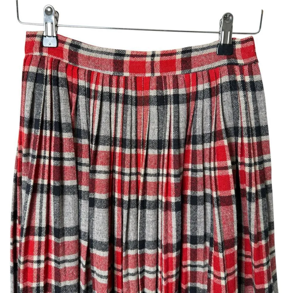 Vintage 70s Wool Pleated Skirt Red Gray Plaid Tartan High Waist, Size‎ Small - Image 2