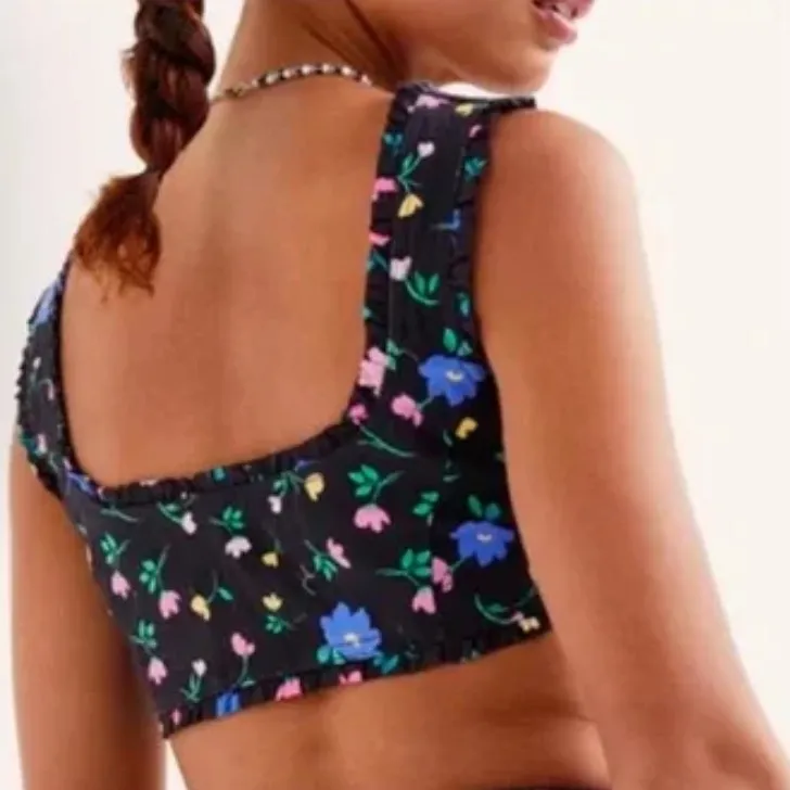 For Love & Lemons Robin Denim Floral Cropped Top NWT Size XS $140 MSRP Revolve - Image 3