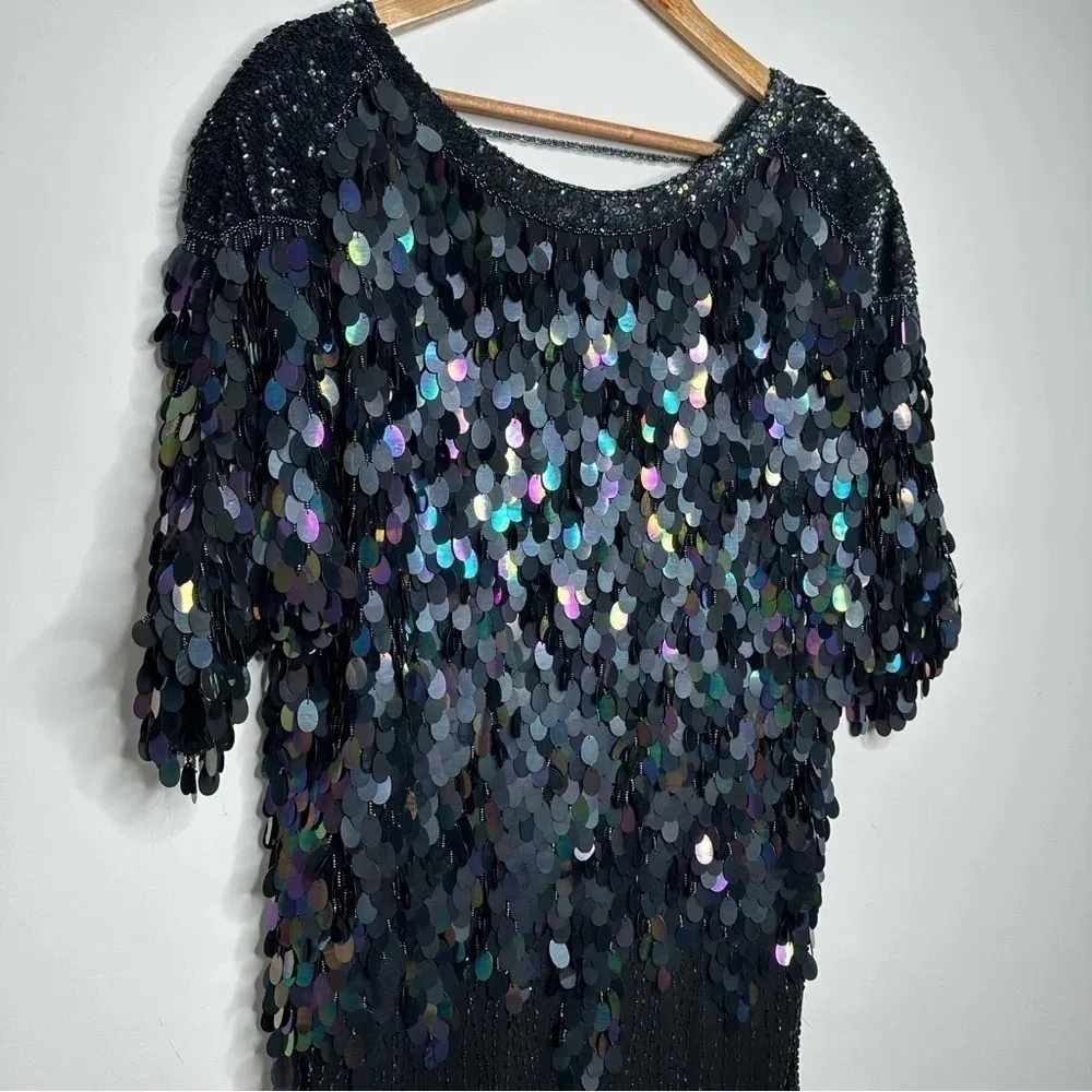 Greg Adams Vintage 80’s Pure Silk Sequin Beaded Flapper Style Party Dress M Black Size M - Image 4