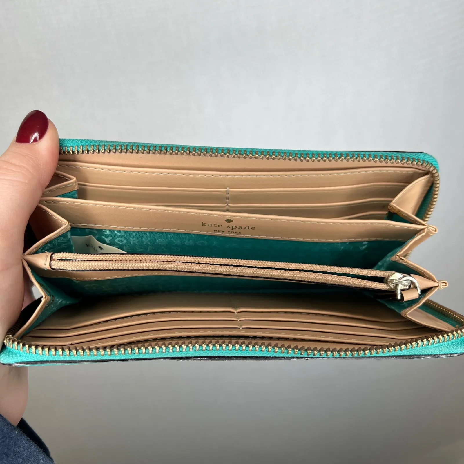 Kate Spade New York Turquoise Leather Zip Around Continental Wallet Wristlet Green - Image 6