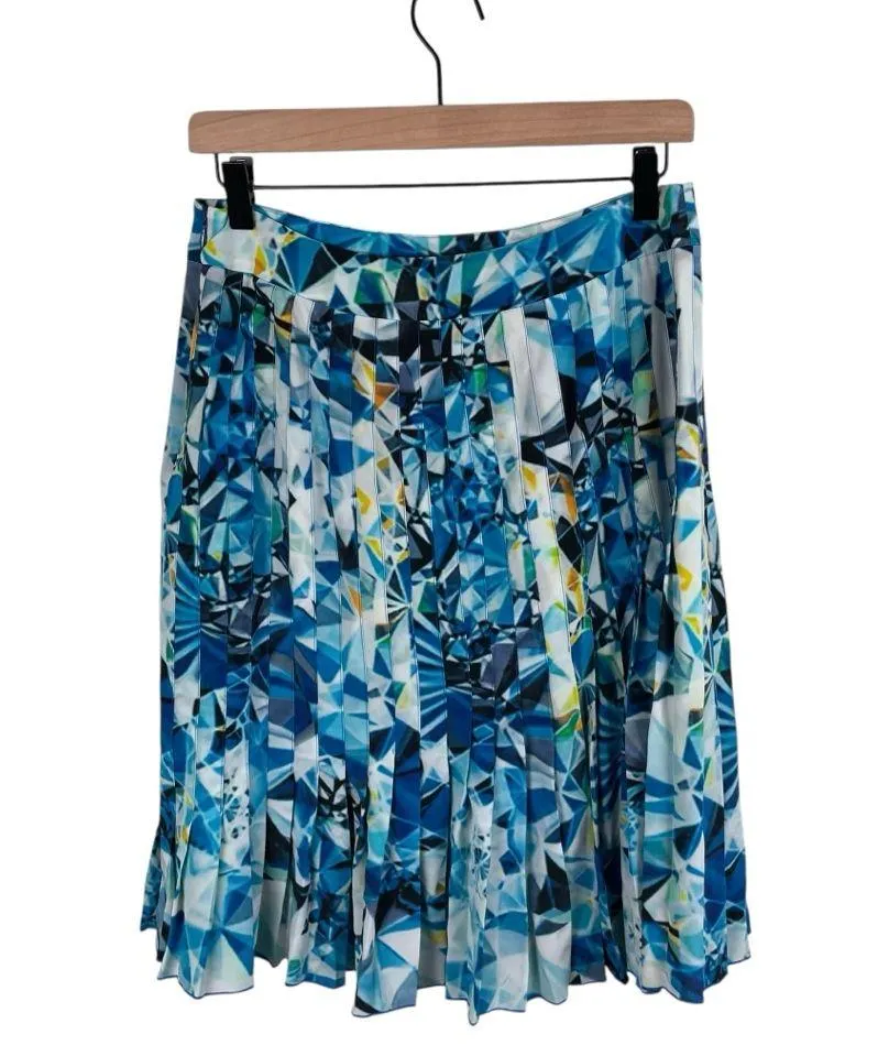 Magaschoni New York Pleated Silk Skirt Women's Size 8 Blue Jewel Print Elegant - Image 2