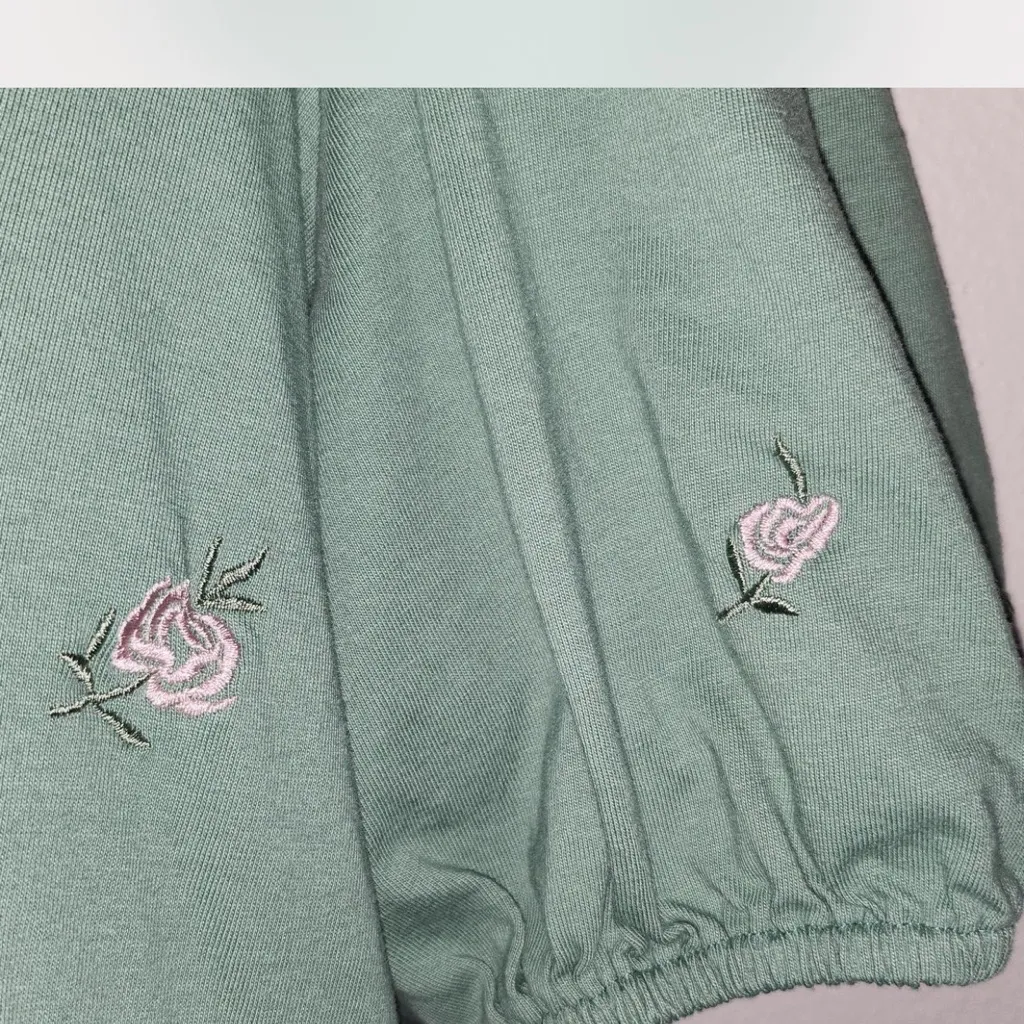 ASOS Design Green Tiered Puffed Sleeves with Floral Accents Mini Dress Size 14 - Image 6