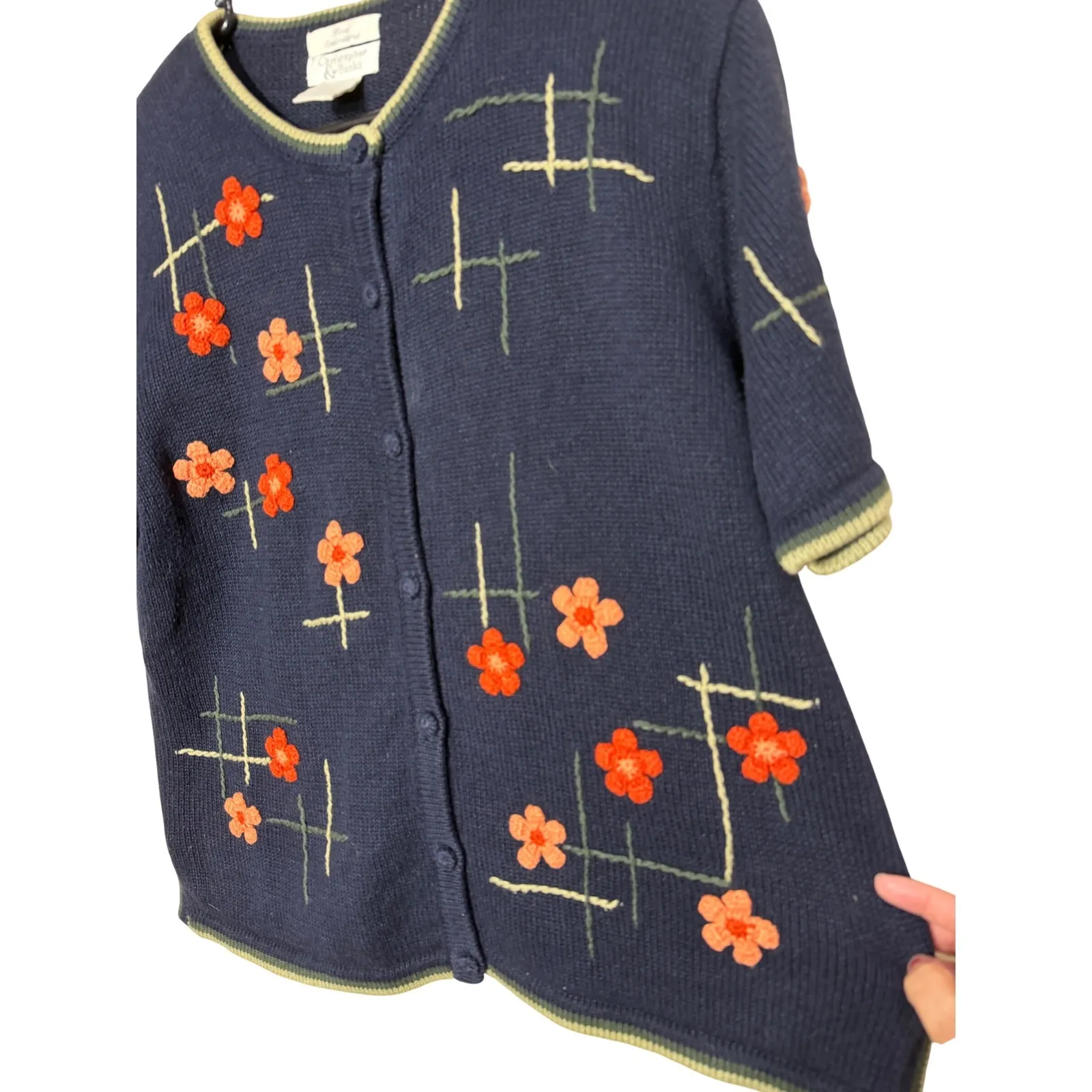 Christopher & Banks Navy Embroidered Floral Button Front Cardigan Sweater L - Image 2