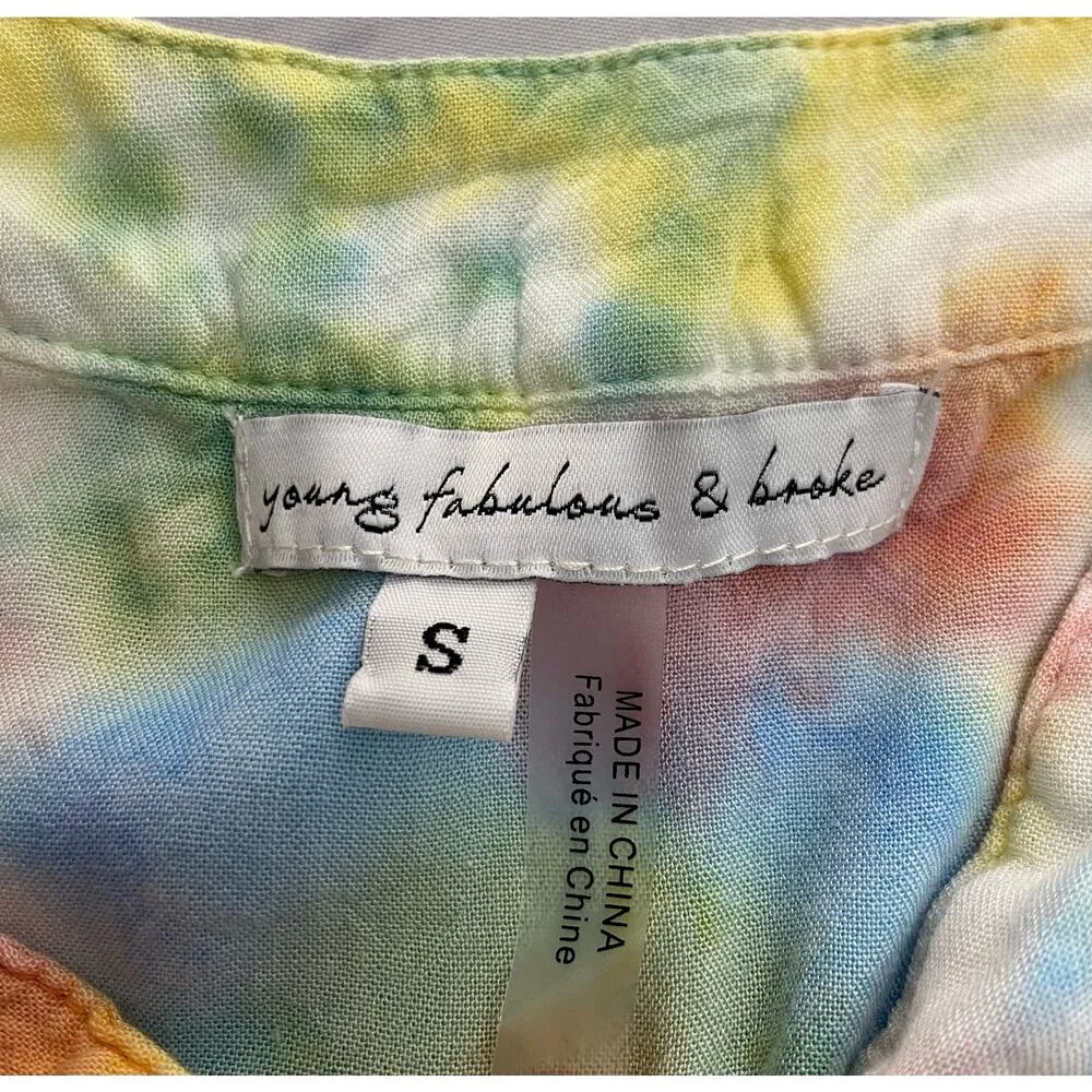 Young Fabulous & Broke Button Front Crop Top Womens S Rainbow Tie Dye Hi Low - Image 5