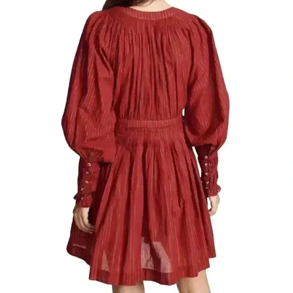 NWOT ULLA JOHNSON Metallic Cotton Long Sleeve Red Ruby Rory Dress Pockets Size 6 - Image 8