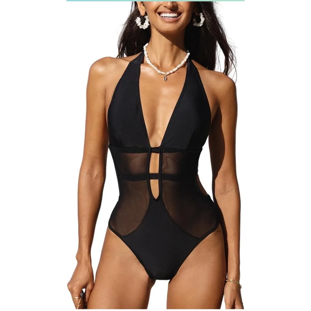 Cupshe Mesh Black‎ One Piece Swimsuit Women's XL V Neck Halter Bathing Suit NEW - Image 2