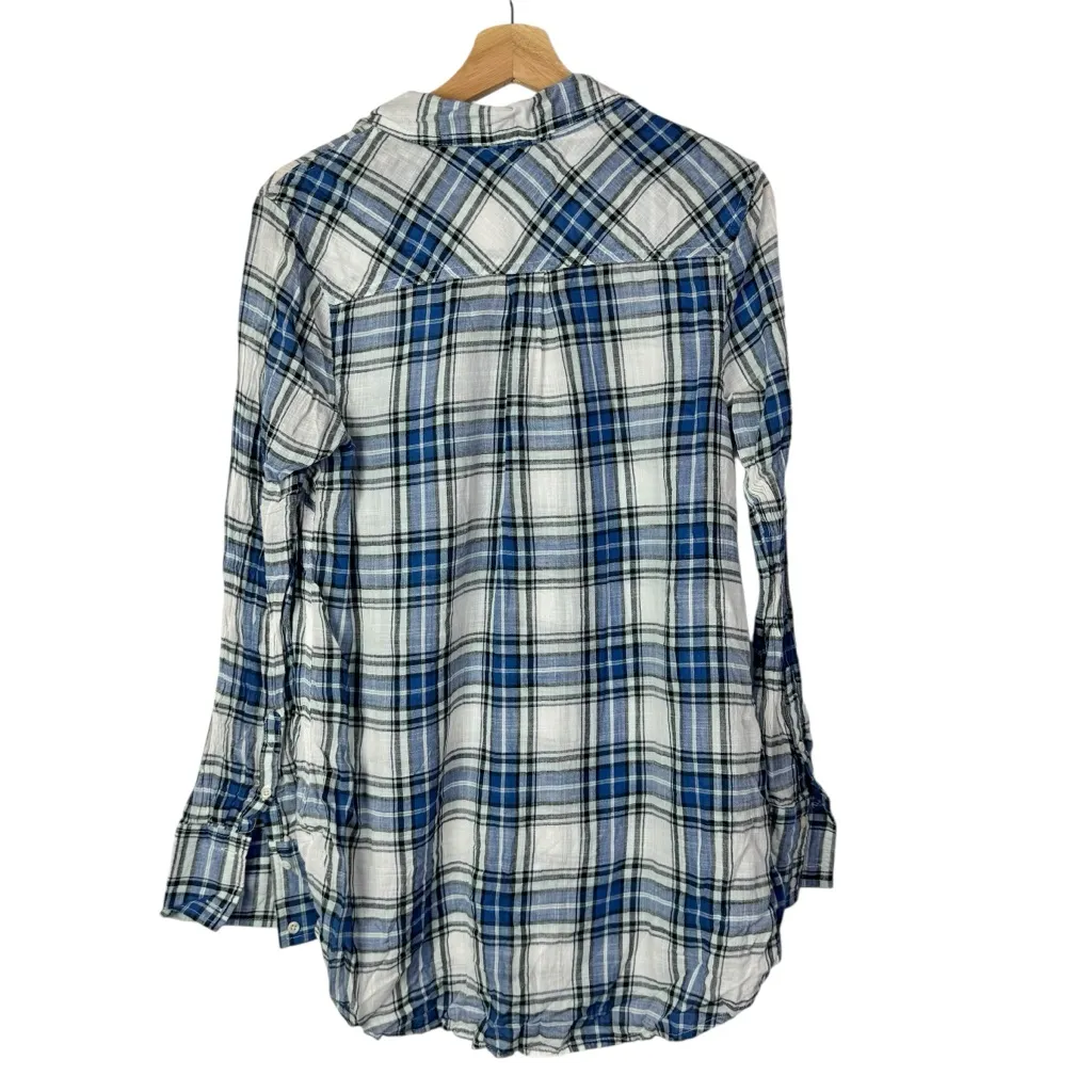 Merona Blue & White Plaid Henley Long Sleeve Top L - Image 2