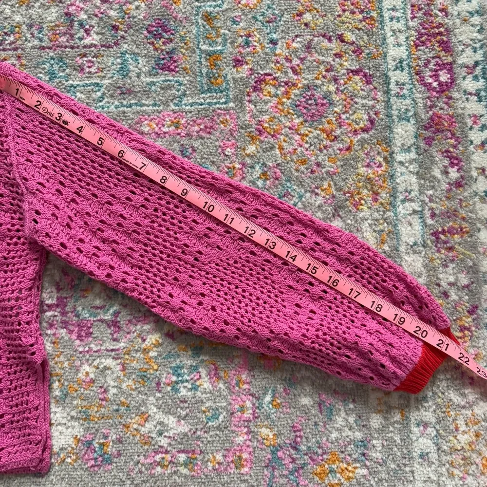 Free People Home Run Pink Red Crochet Knit Slouchy Pullover Sweater Size Small - Image 9