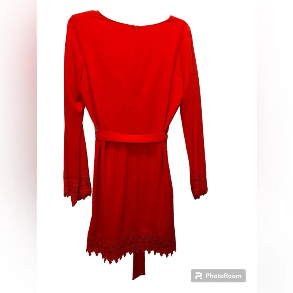 Midi Dress, Crochet Lace, 3/4 Bell Sleeve, V-neck, Belt, Poppy, Sz L - Image 2