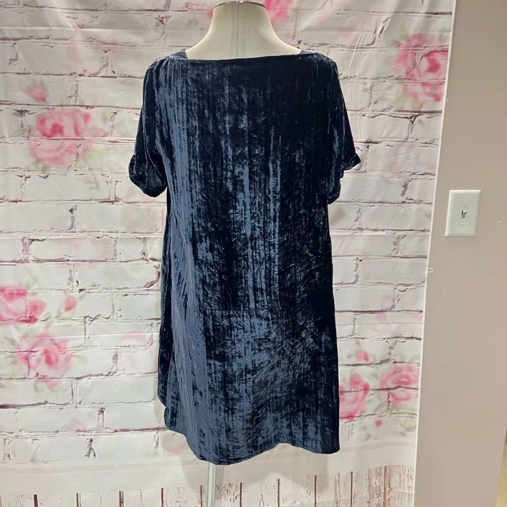 Floreat Anthropologie Women's Square Neck Short Sleeve Blue Velvet Shift Dress S - Image 9