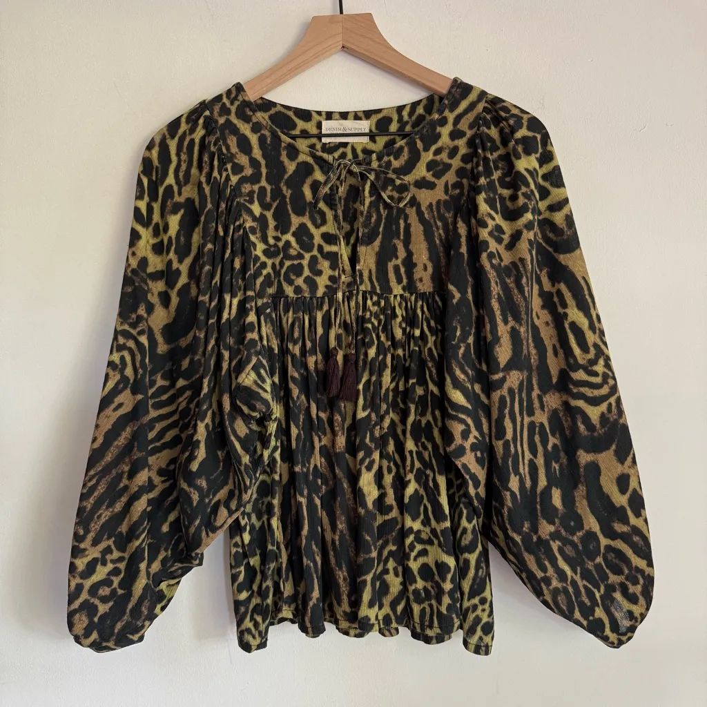 Denim & Supply Ralph Lauren Leopard Print Boho Peasant Top India Cotton M - Image 1