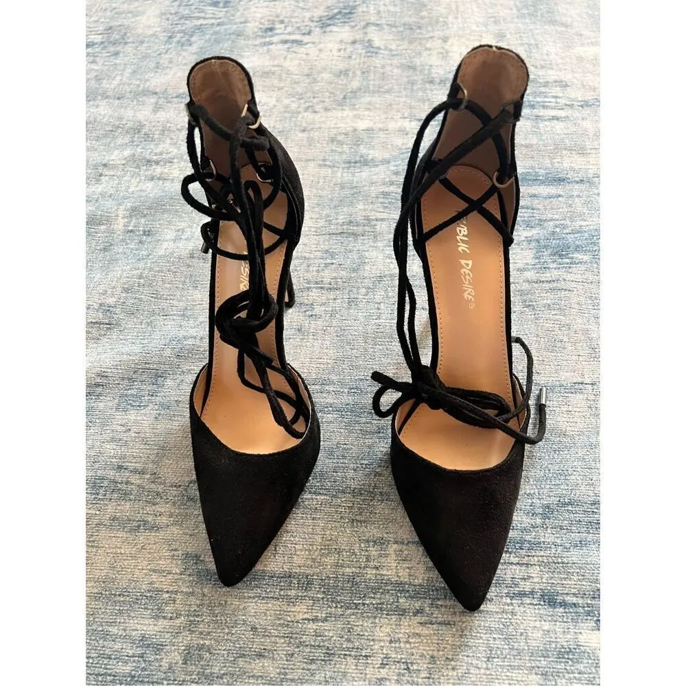 Public Desire Black Faux Suede Lace Up Stiletto High Heels Size 9 - Image 3