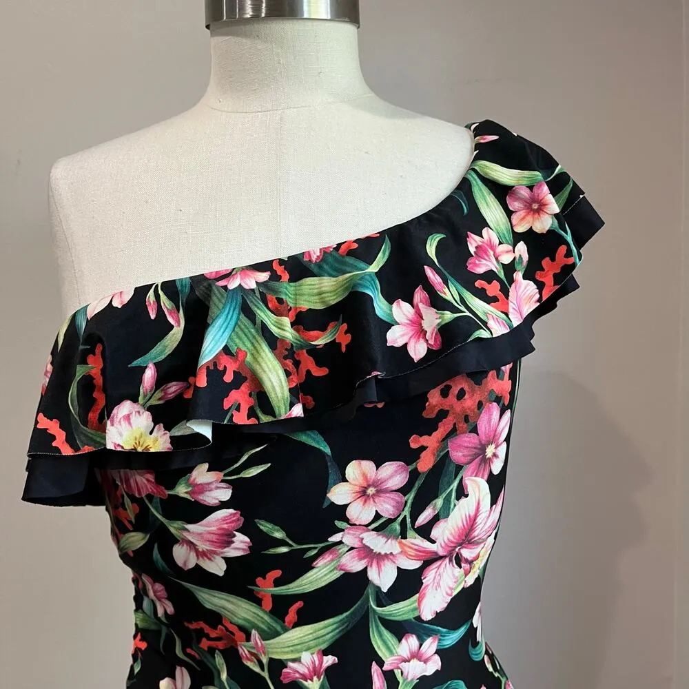 Carmen Marc Valvo ONe Shoulder Floral Print Ruffle One Piece Swimsuit Sz 12 - Image 6