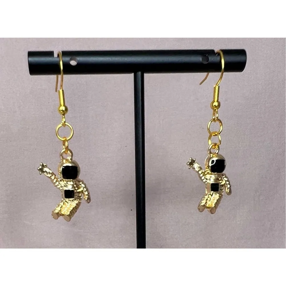 Handmade Dangly Gold Spaceman Earrings - Image 2
