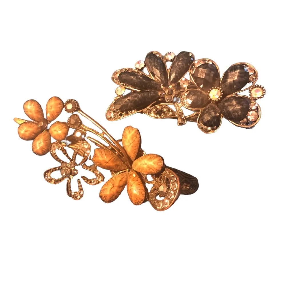 2 Rhinestone Colored Stone Metal Hair Clips Barrettes Antique Gold/Silver Fancy - Image 2