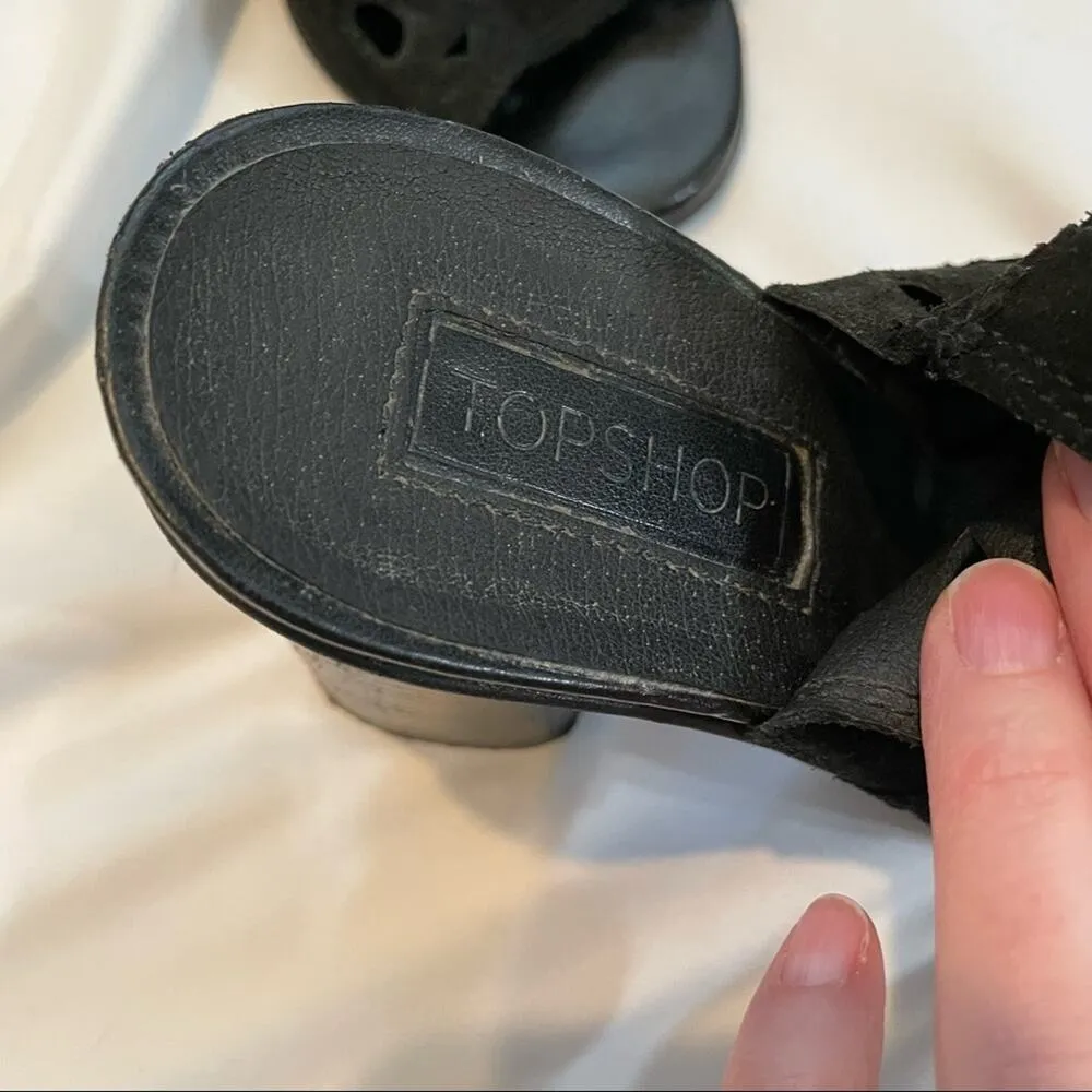 Topshop Black Leather Peep Toe Laser Cut Chunky Heel Ankle Boots Womens 37 Fall - Image 4