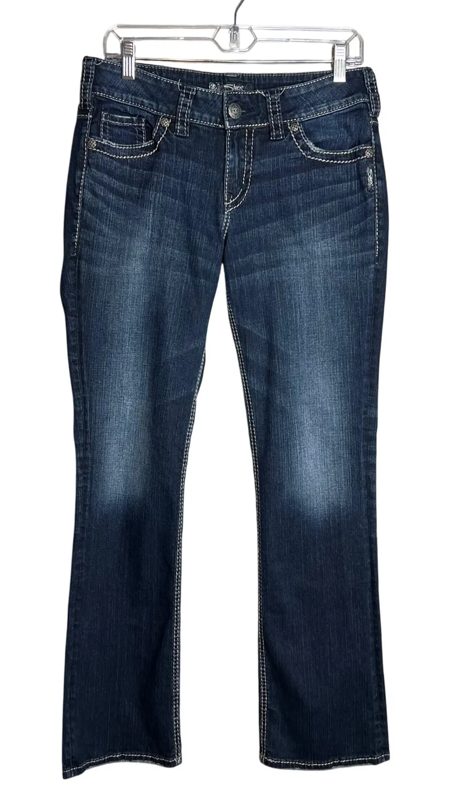 Silver Jeans Co Suki Mid Slim Boot Jeans Size 29 Dark Thick Stitch Flap Pockets Blue - Image 1