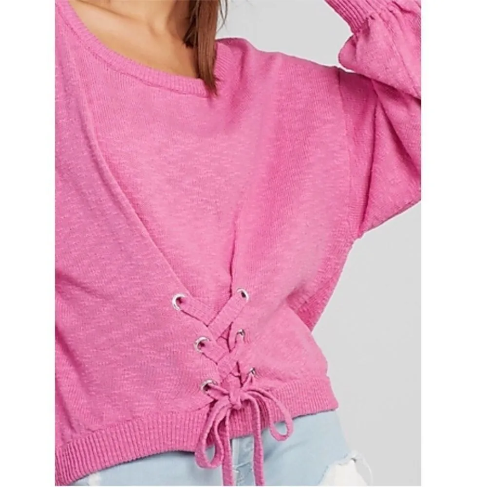 EXPRESS  Pink Lace Up Sweater Oversized Pullover Tie Waist Casual‎ Size Large New - Image 2