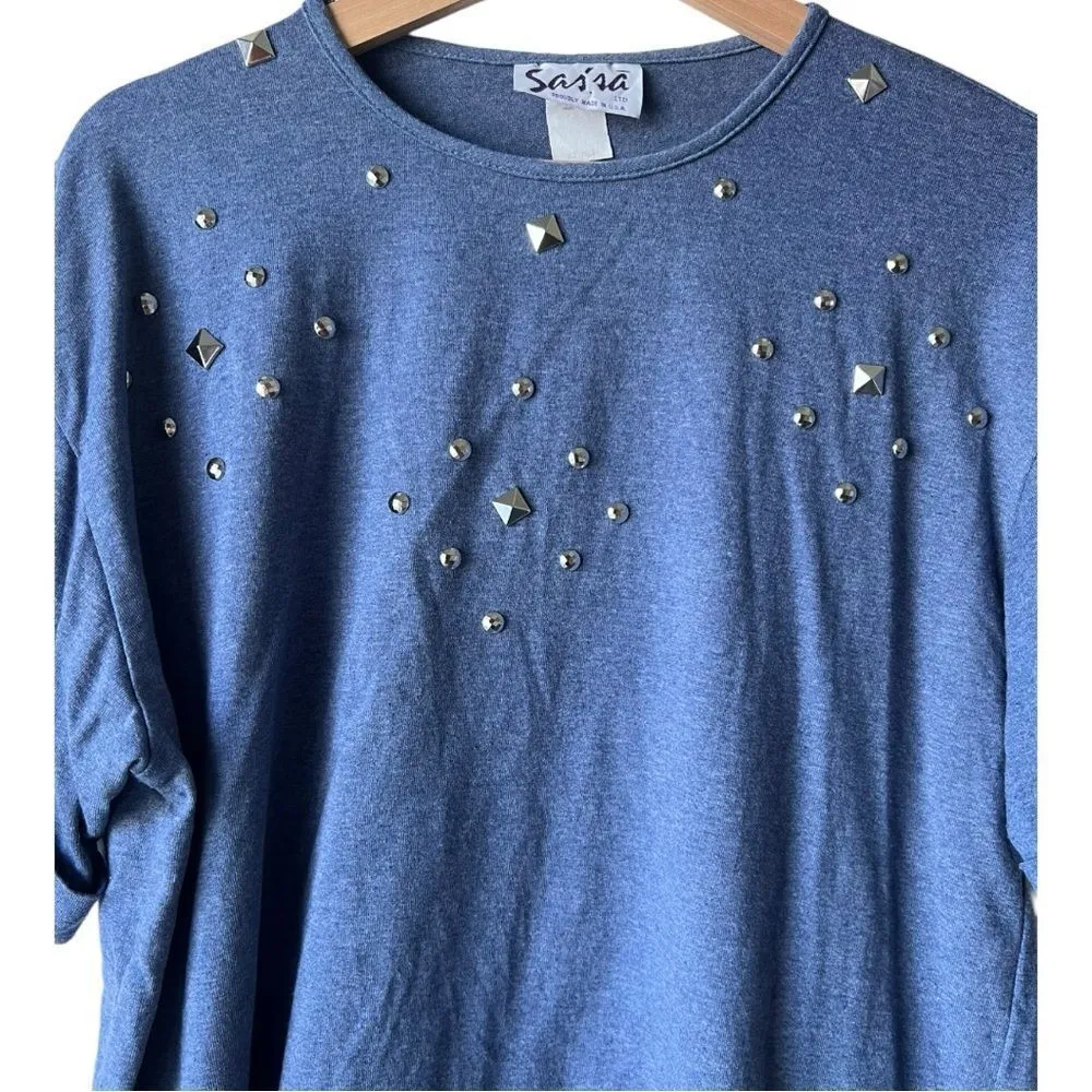 Women’s blue top shirt shorts sleeve basic front gem rock salsa size medium. - Image 3