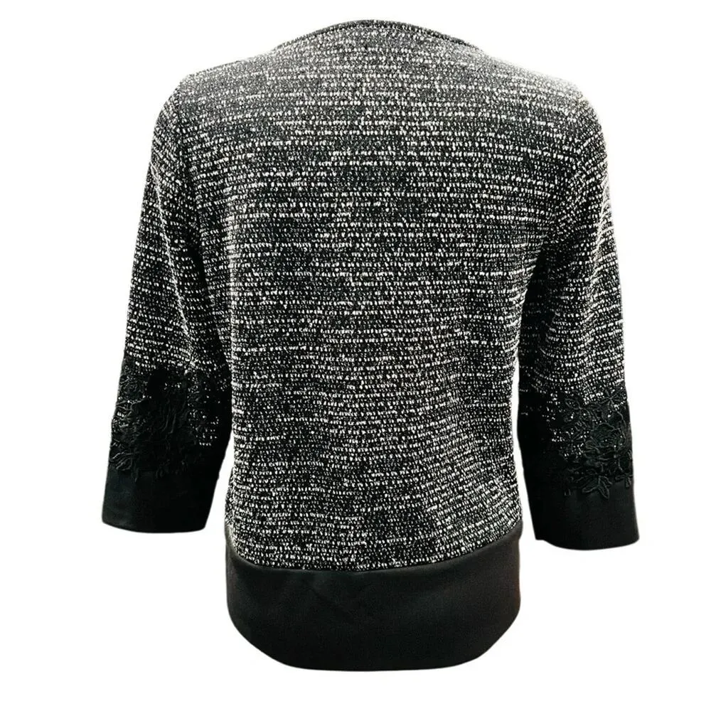 Karl Lagerfeld Floral Embroidered Tweed Black White 3/4 Sleeve Blouse Size S - Image 4