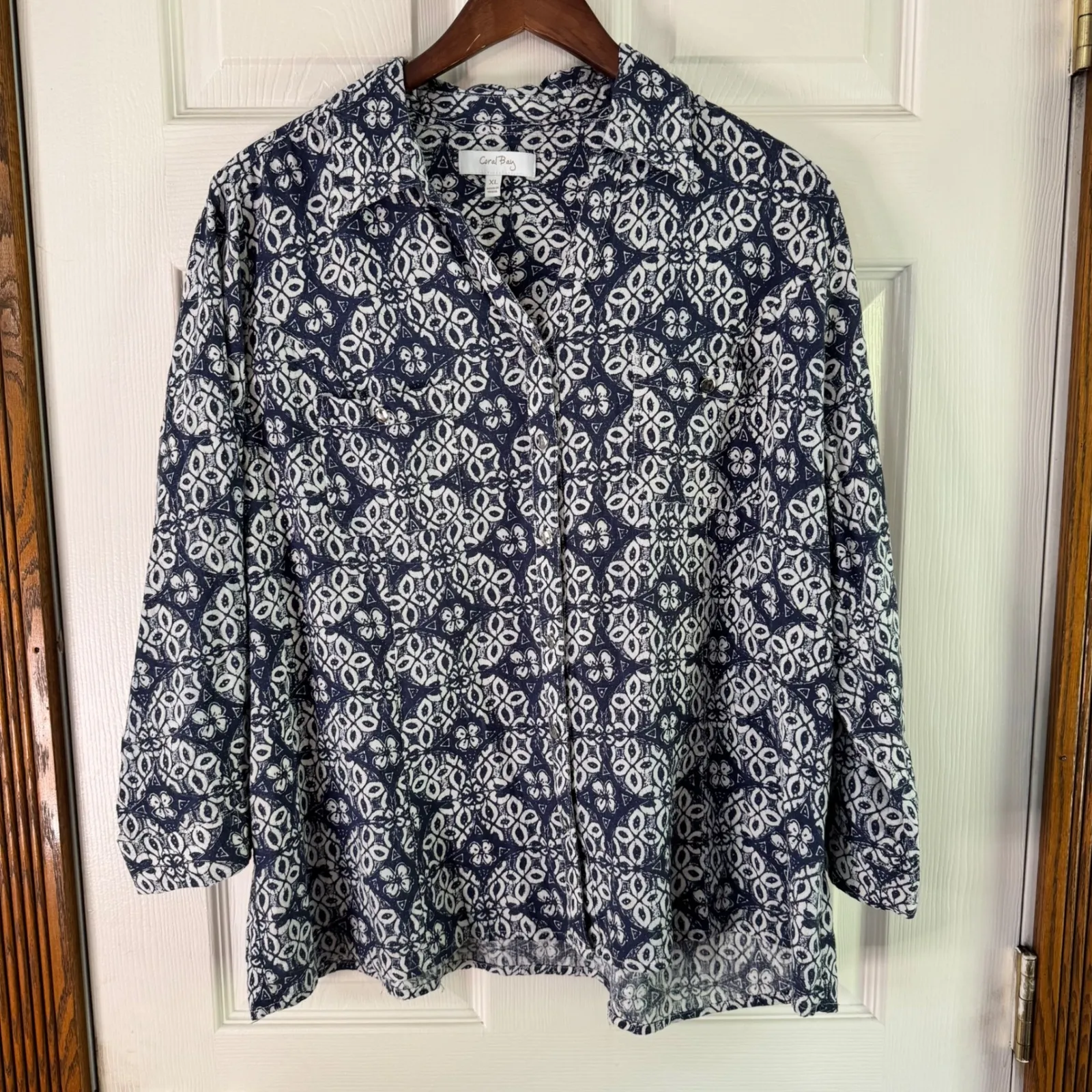 Coral Bay Linen Blend Button Down Shirt Floral‎ Print 3/4 Sleeve XL Blue - Image 7