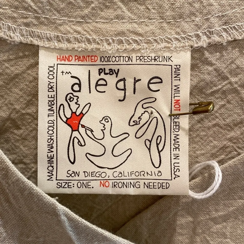 Play Alegre Hand Painted V Neck Boxy L/S Bls Jacket Draw Waist Cotton Oatmeal XL Green - Image 4