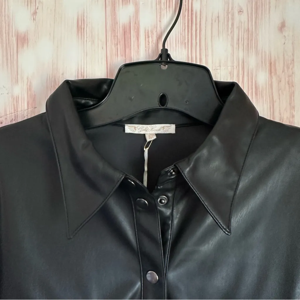 Gold Hawk Black Faux Leather Snap Front Shirt Size M - Image 5